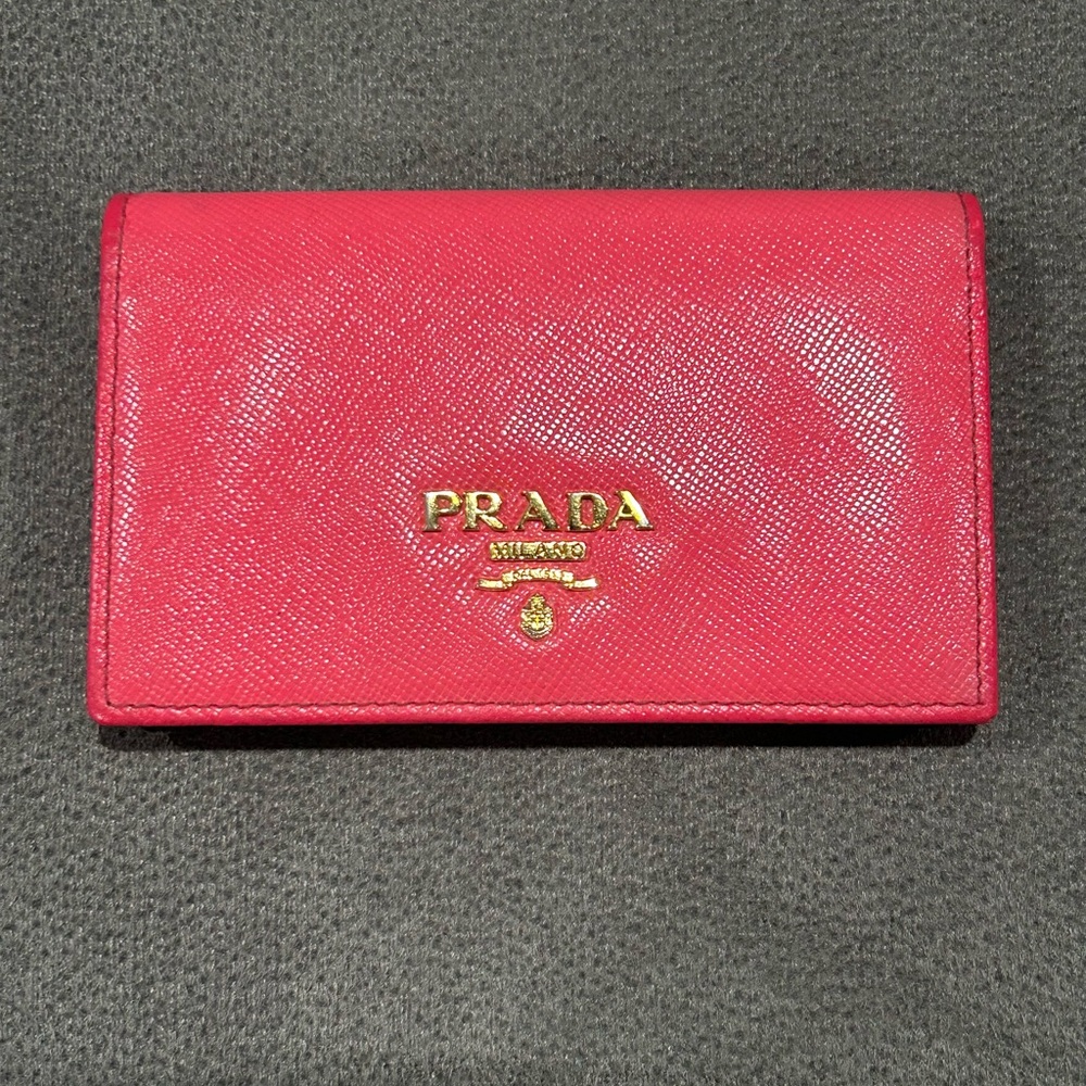 Prada Pink Saffiano Leather Card Case with Gold Logo